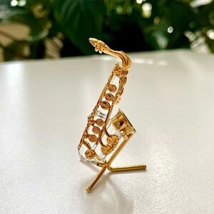 Elegant Original Swarovski Crystal Glass Gold Alto Saxophone Figurine with Stand